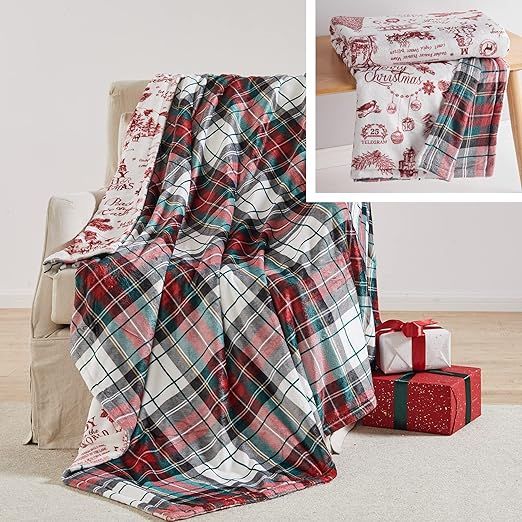 Levtex Home - Yuletide Reversible Blanket - Twin - Christmas Holiday Script - Red and Cream - Bla... | Amazon (US)