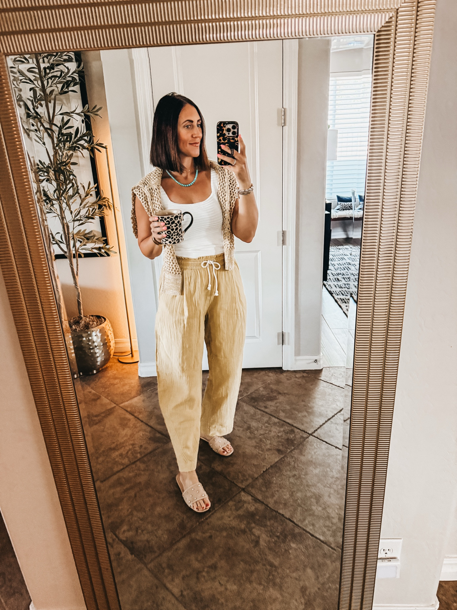 The *actual* cutest stuff at Old Navy right now! These gauze linen barrel leg pants, and coordinating crochet sweater! 💛🌼✨☀️

• Pants - small
• Tank - small (Amazon)
• Sweater - small 

OOTD // What I wore for muffins for mom at school yesterday! 🌼✨☀️

#LTKSaleAlert #LTKootd #LTKOver40