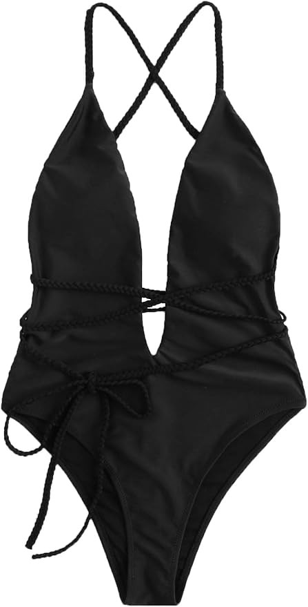 SOLY HUX Women Sexy Criss Cross One Piece Swimsuit Front Deep V Open Plunge Belted Low Back Padde... | Amazon (US)