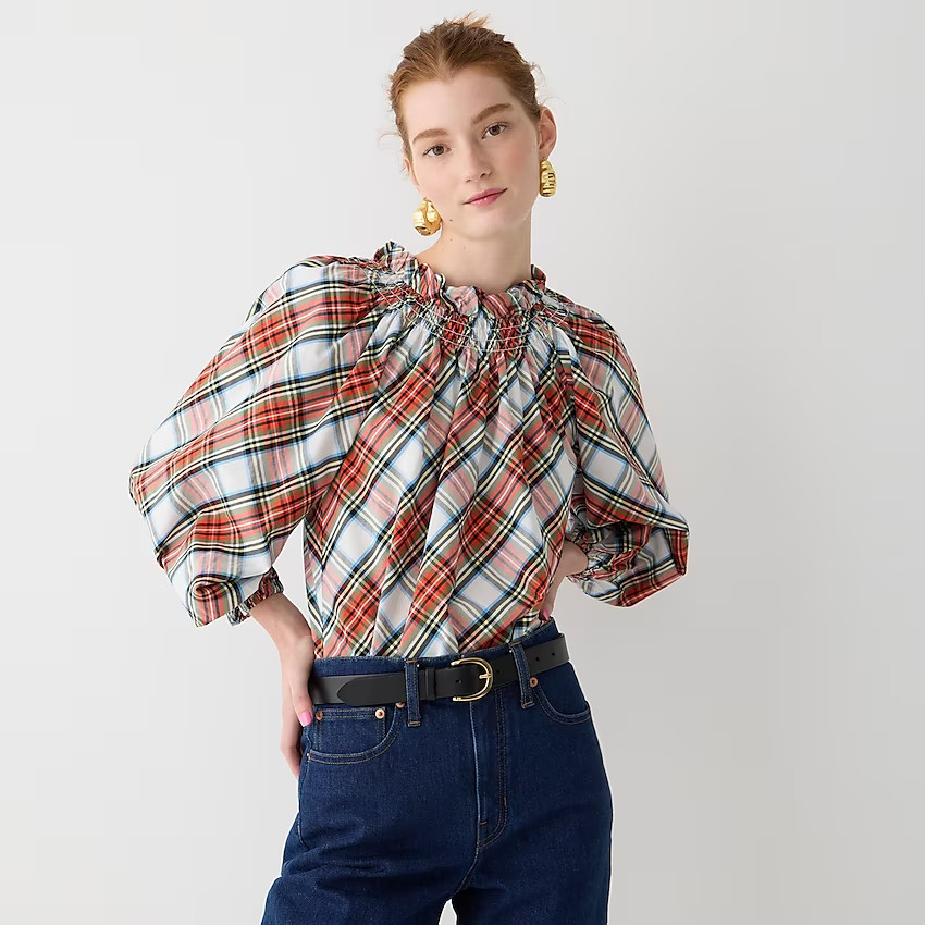 Smocked-neck cotton poplin top in Snowy Stewart tartan | J. Crew US