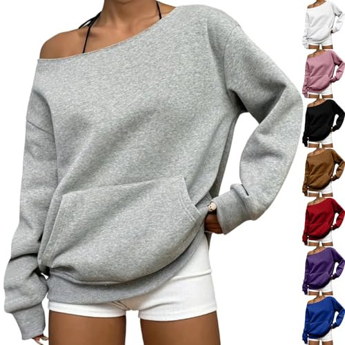 Off the Shoulder Sweatshirt for Women Oversized Lightweight Preppy Sweatshirt with Pockets Long Sleeve Comfort Plain Hoodie Funny College Loose Fall Hoodies Fall Sweatshirts for Women 2025, Gray, Xl | Amazon (US)