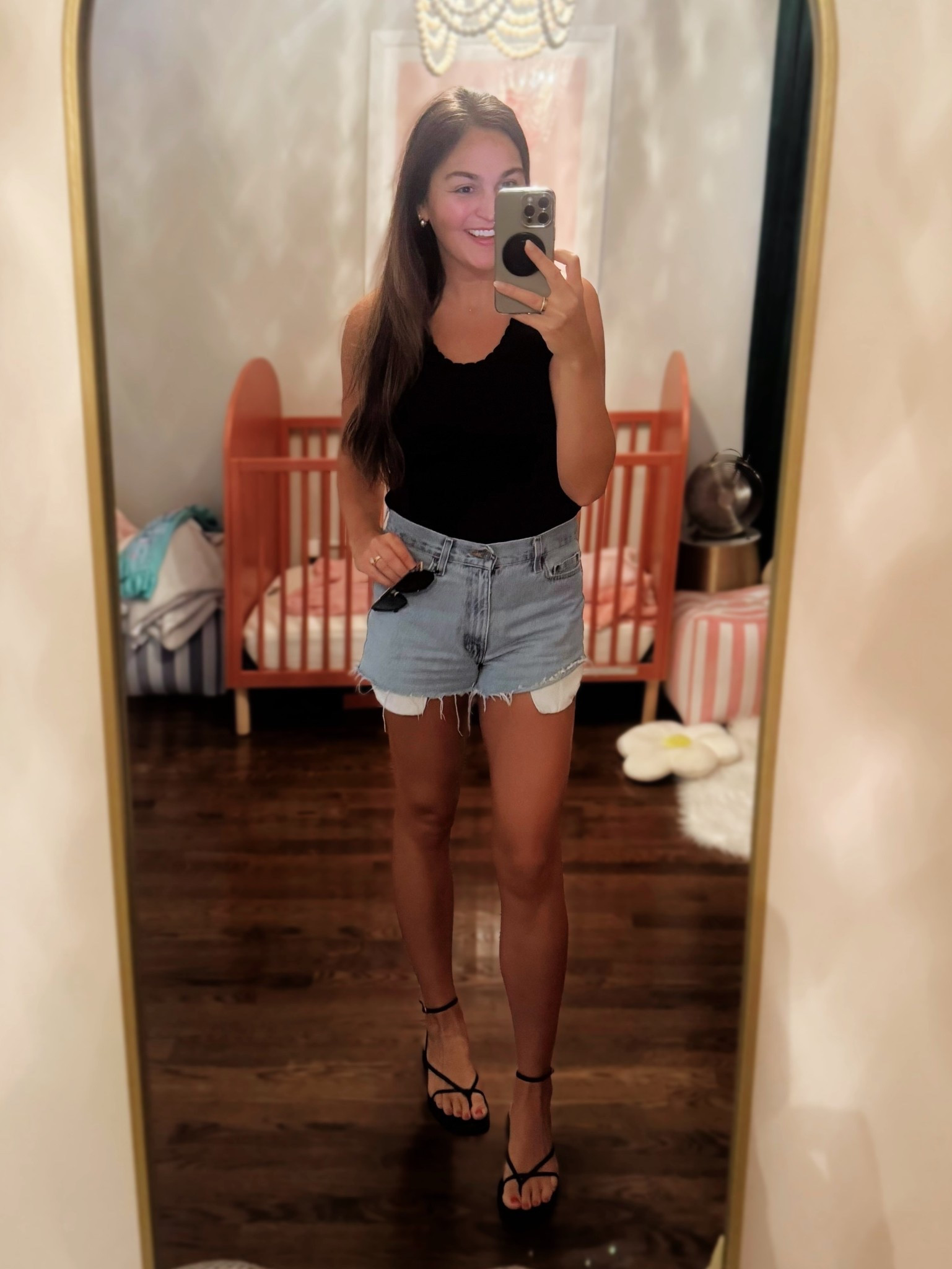 Black tank with scalloped edge
Black strappy sandals
Green sunglasses

#LTKSaleAlert #LTKShoeCrush #LTKFindsUnder50