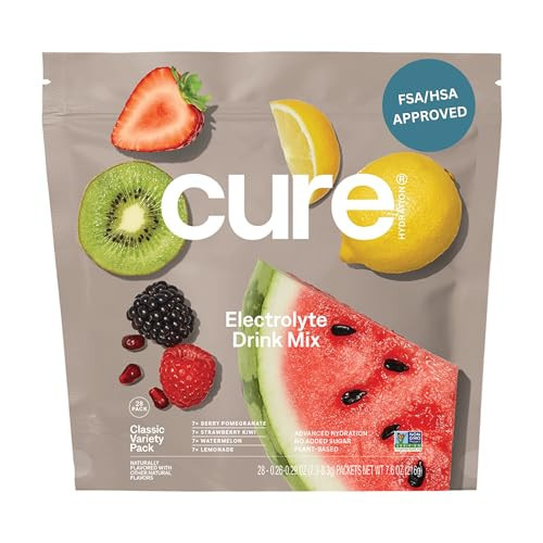 Cure Hydration | Plant-Based Electrolyte Drink Mix | No Added Sugar | FSA-HSA | Dehydration Relief Powder Made with Coconut Water | Non-GMO | Vegan | 28 Packets - Variety Pack | Amazon (US)