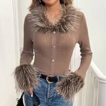 Women's Elegant Fuzzy Collar & Cuff Ribbed Knitted Slim Fit T-Shirt | SHEIN