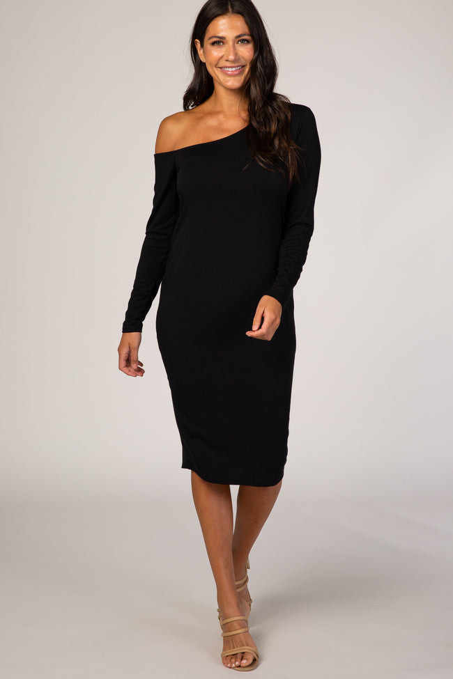 PinkBlush Black One Shoulder Fitted Midi Dress | PinkBlush Maternity