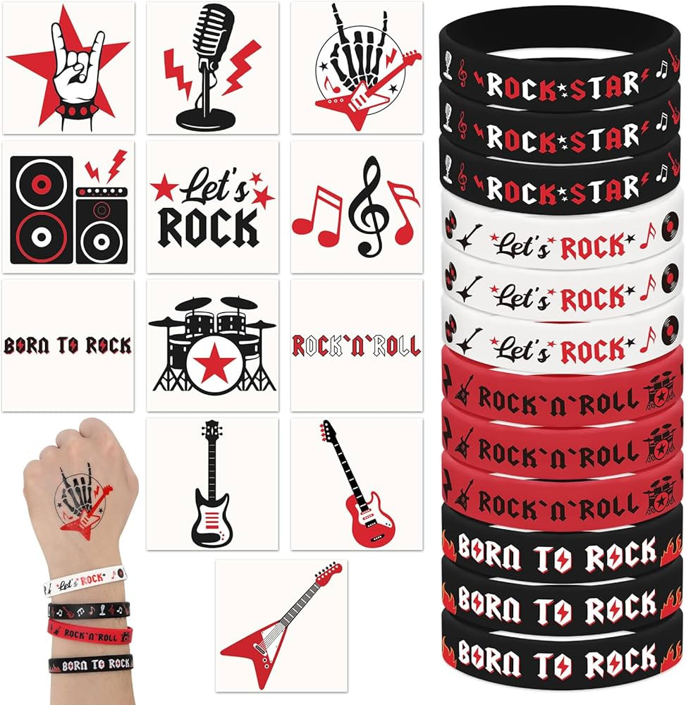 Sinasasspel 36PCS Rock And Roll Tattoos Silicone Bracelet Party Favors Born to Rock Decorations S... | Amazon (US)