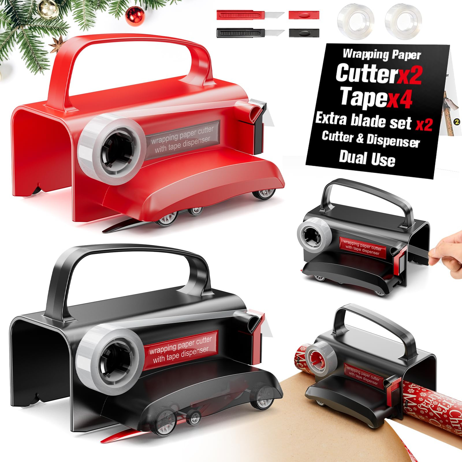 2-Pack Wrapping Paper Cutter with Wheels & Tape Dispenser - Gift Wrap Tool Kit with Replaceable B... | Amazon (US)