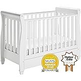 White Wooden Baby Cot with Drawer 120x60cm + Foam Mattress + Safety Wooden Barrier + Teething Rails | Amazon (UK)