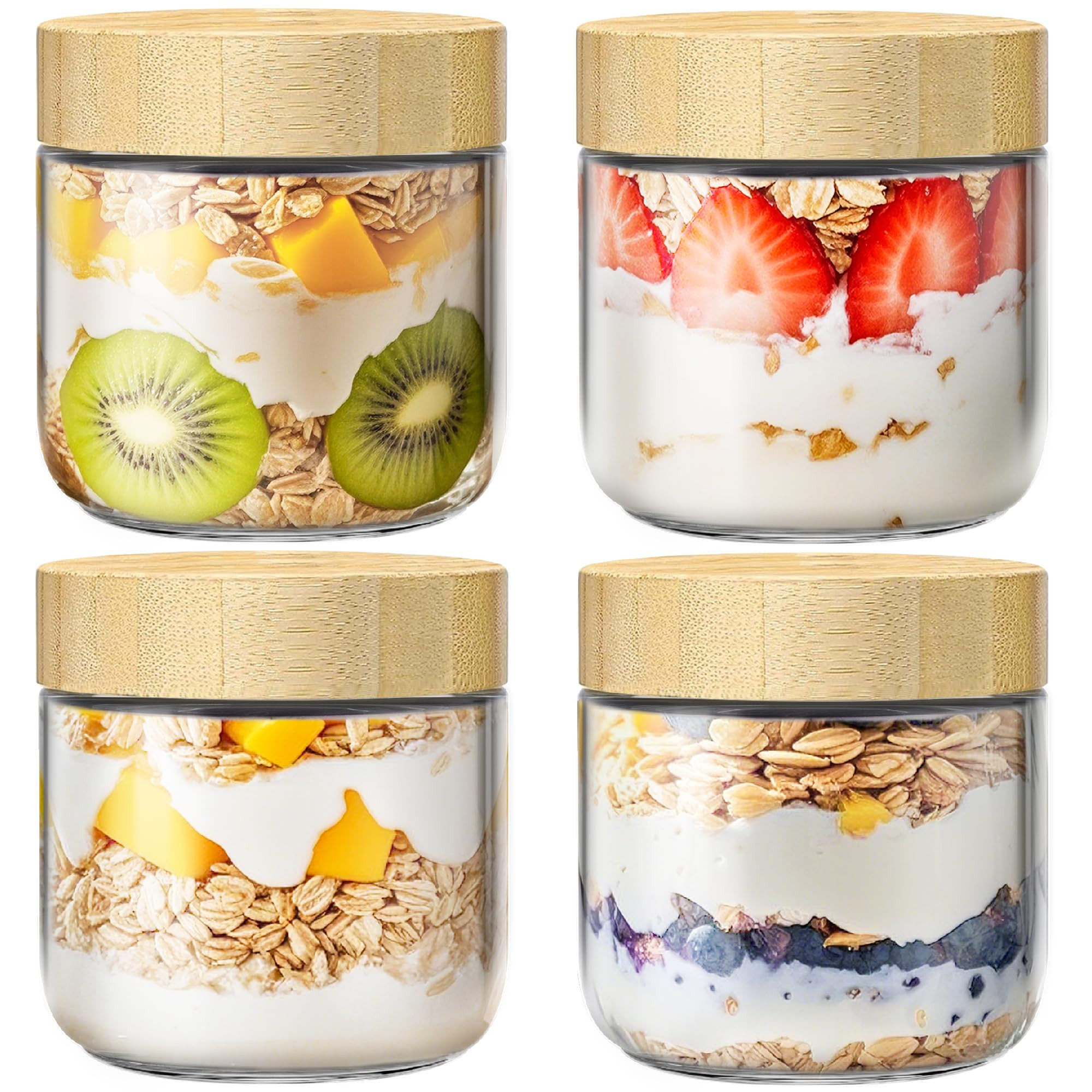 4 Pack 10oz Overnight Oats Containers with Bamboo Lids, Glass Jars with Airtight Lids for Meal Prep, Wide Mouth Mason Salad Jars, Glass Food Storage Container for Yogurt Chia Snacks Spice Sugar | Amazon (US)