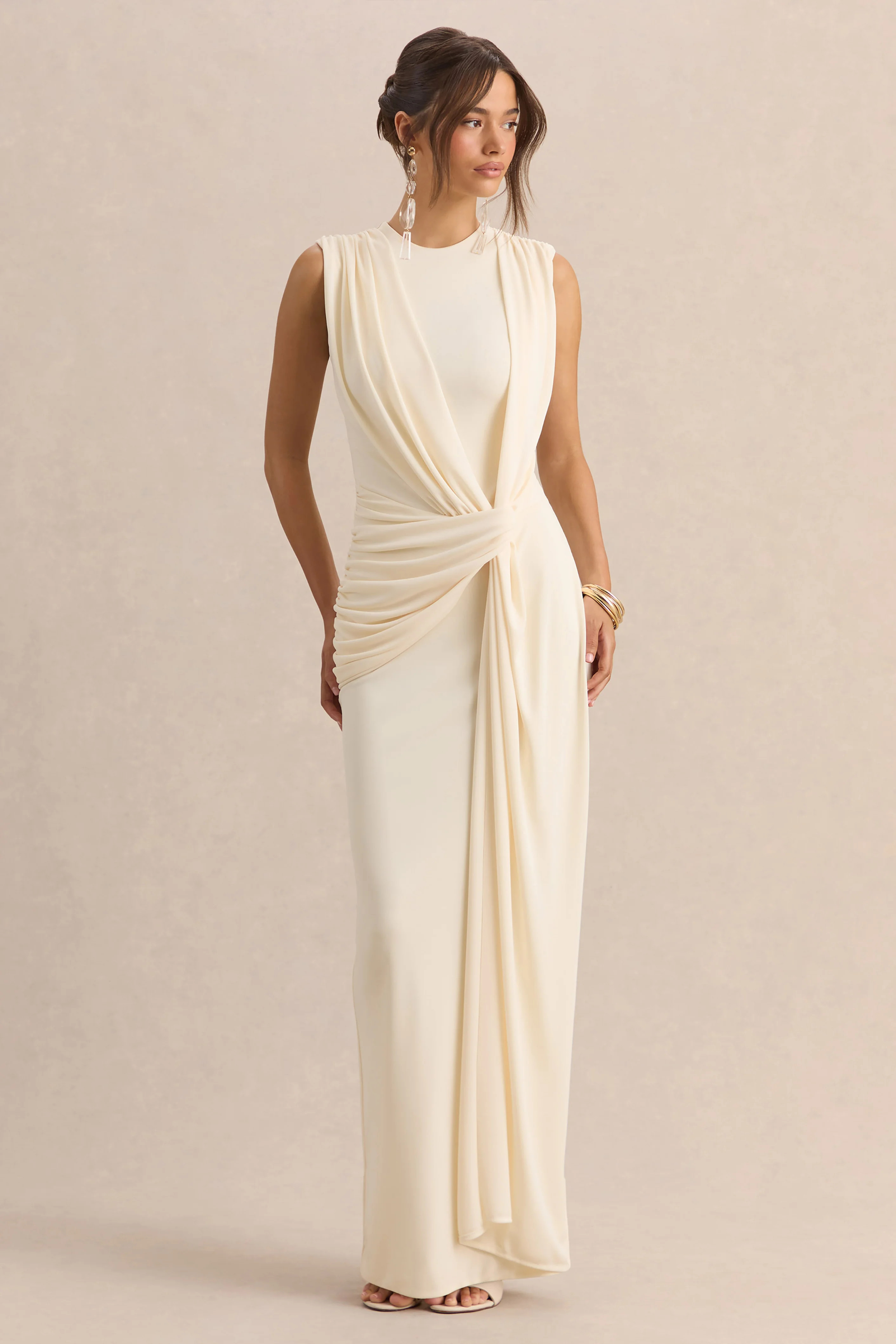 Blythia | Cream Round-Neck Maxi Dress With Gathered-Detailing | Club L London
