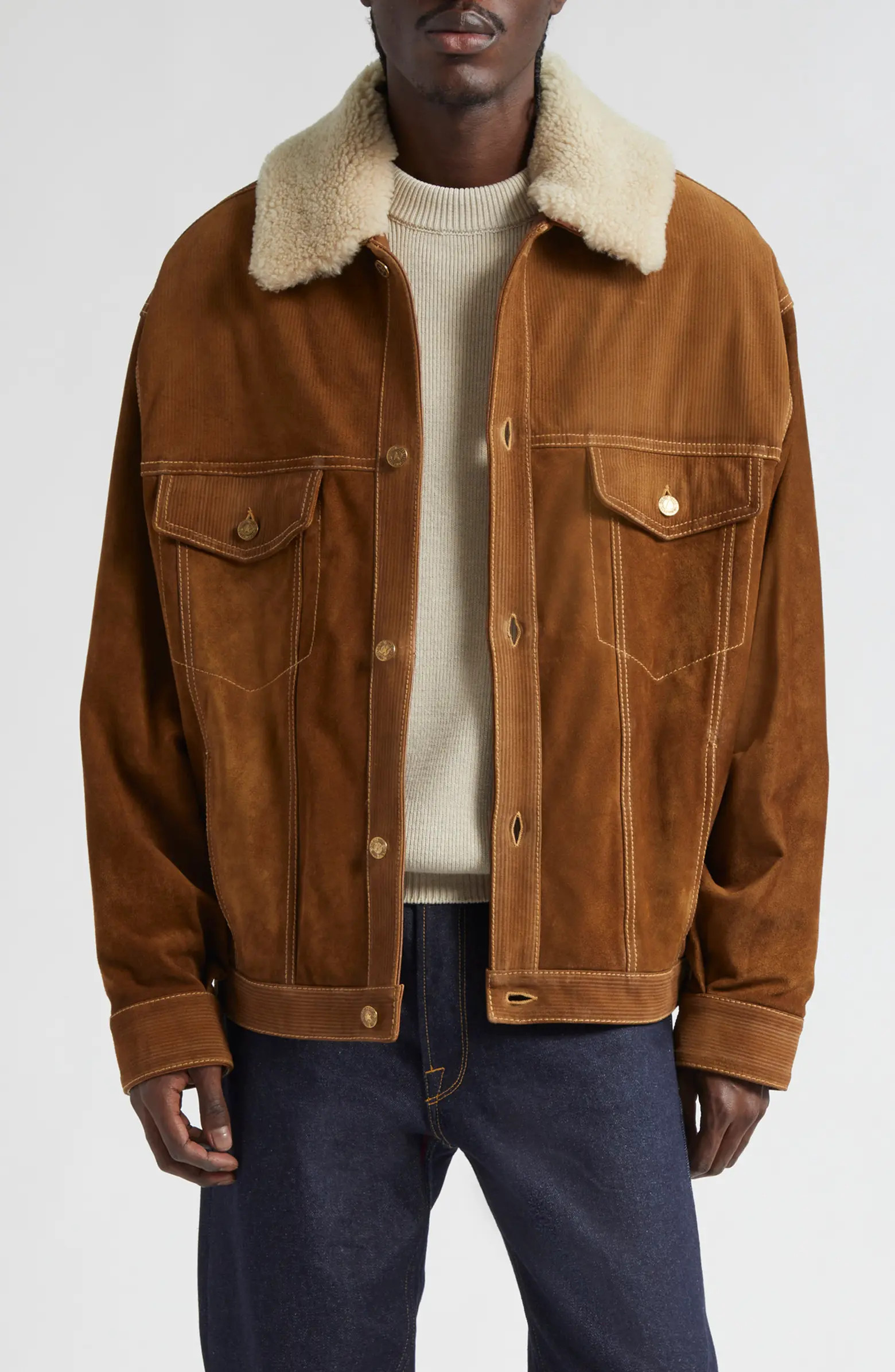 Golden Goose Journey Suede Trucker Jacket with Removable Faux Shearling Collar | Nordstrom | Nordstrom