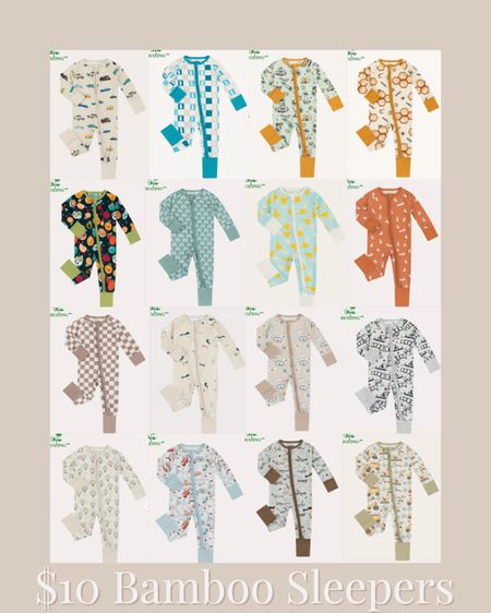 $10 bamboo super soft baby pajama onesies/sleepers that come in the cutest prints and in sizes newborn to 18-24mo. Fit true to size. Super stretchy & have fold up mittens/footies. 