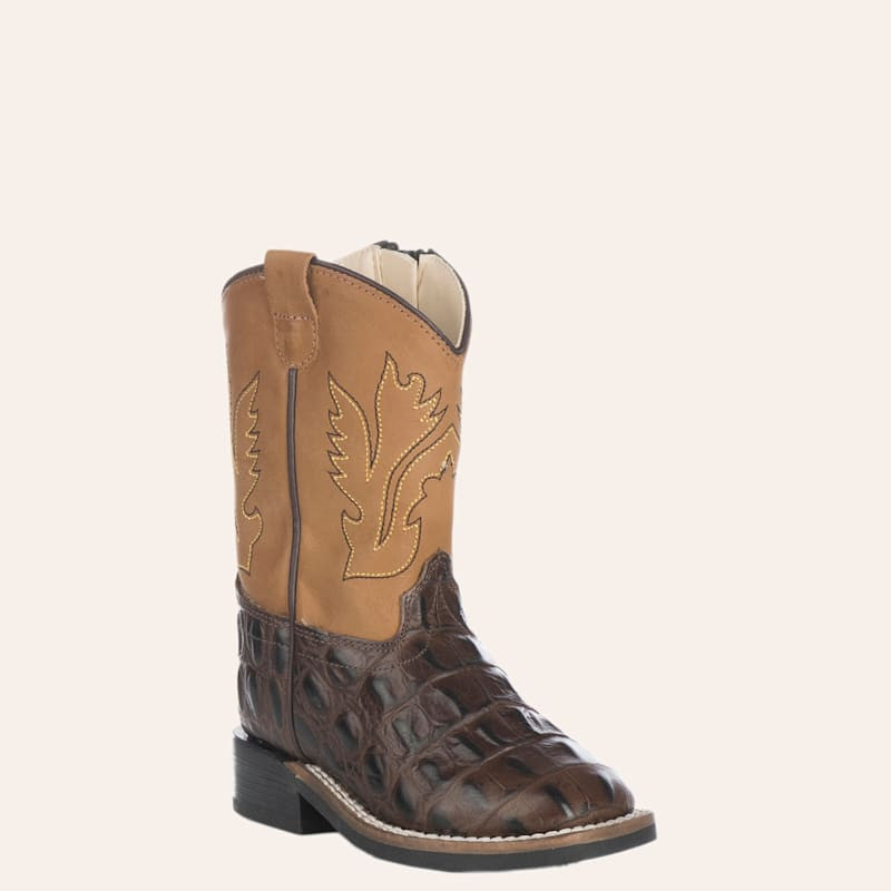 Old West Toddler Chocolate Croc Print and Tan Wide Square Toe Cowboy Boots | Cavender's