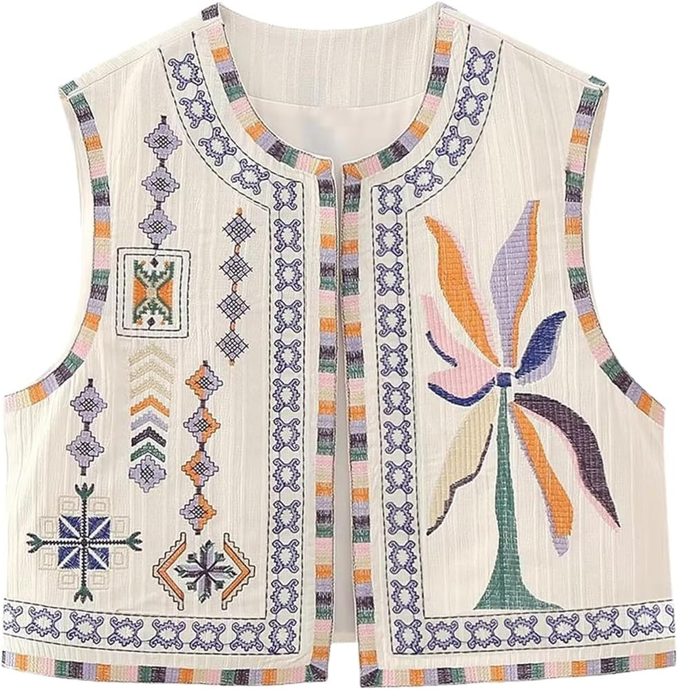 Women Floral Embroidered Vest Vintage Sleeveless Boho Y2k Cardigan Open Front Cropped Waistcoat | Amazon (US)