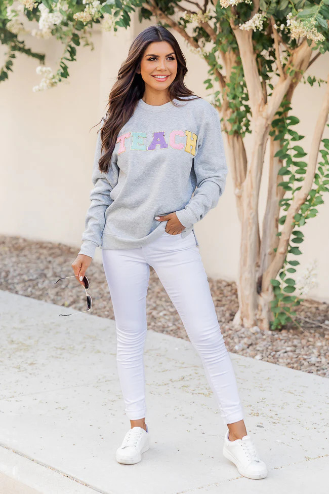 Teach Chenille Patch Fleece Grey Graphic Sweatshirt | Pink Lily