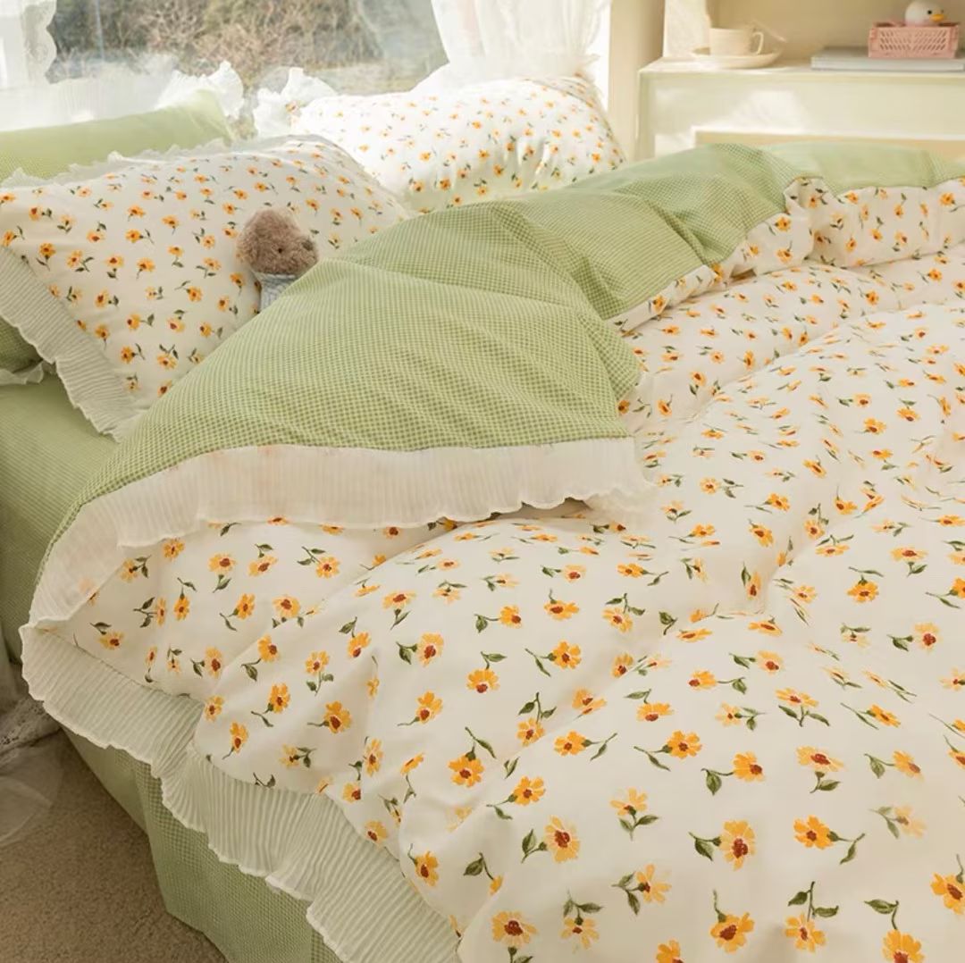 Green Ruffles Duvet Cover Set | Yellow Flower Gentle Bedding | Dorm Bedding gift set| Cottagecore... | Etsy (CAD)