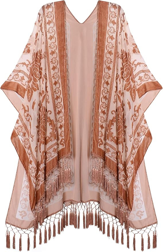 MJ SERECA Women's Burnout Velvet Kimono Long Cardigan Cover Up Without Tassel | Amazon (US)