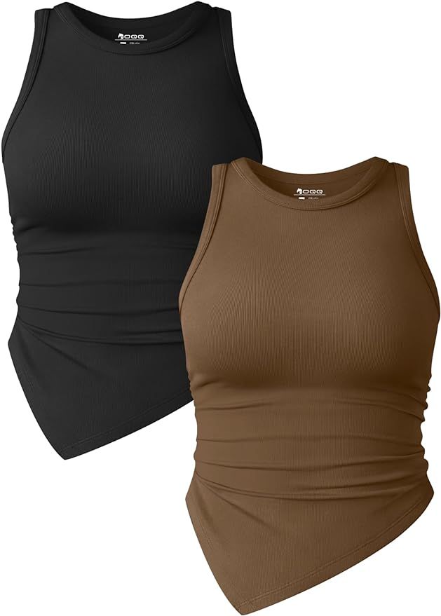 OQQ Women's 2 Piece Tank Tops Ruched Crew Neck Sleeveless Basic Stretch Tee Shirts | Amazon (US)