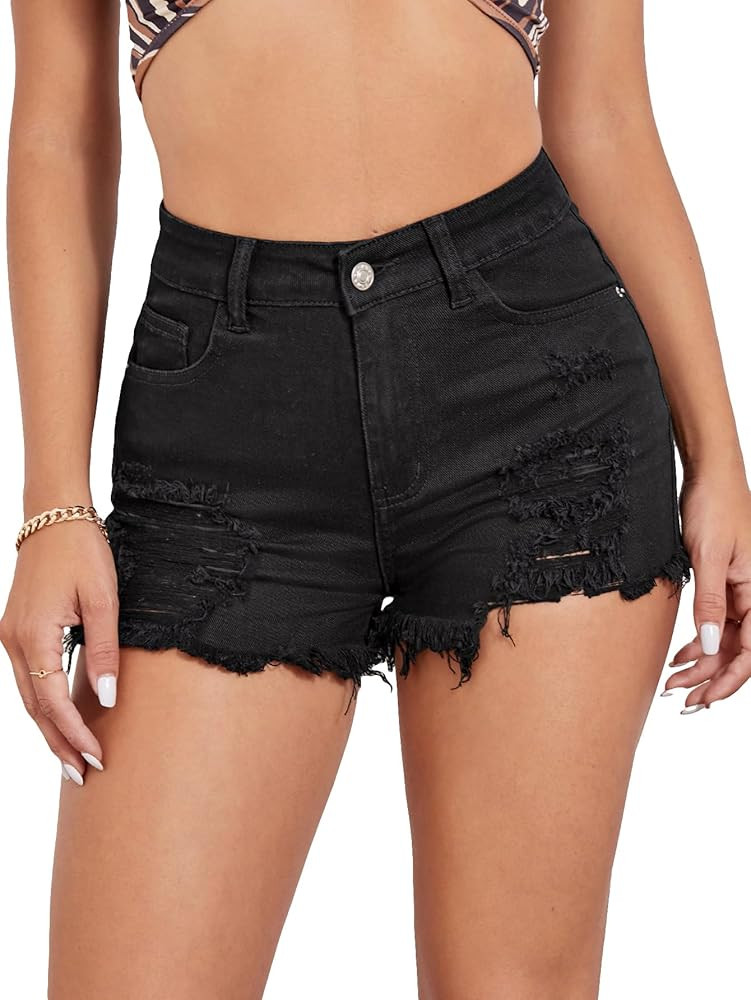 Floerns Women's Ripped Raw Hem High Waisted Distressed Denim Shorts | Amazon (US)