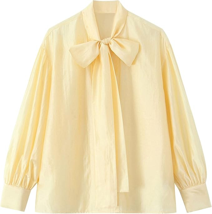 Chevara Women’s Bow Tie Neck Shirt Elegant Long Puff Sleeve Office Shirts Business Dress Tops | Amazon (US)