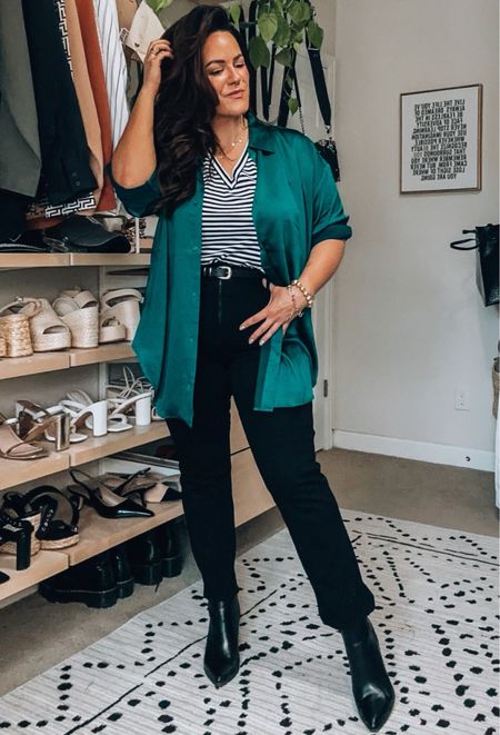 Midsize business casual workwear looks from express Tee xl for a loose fit Stretchy high waisted straight leg jeans wearing a large petite for a cropped look Belt xl Boyfriend satin blouse large runs oversized
Teacher outfit | work outfit 

@express #ExpressPartner

#LTKcurves #LTKstyletip #LTKSeasonal