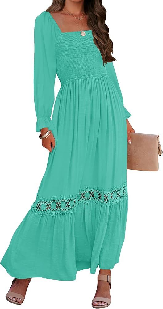ZESICA Women's 2024 Boho Long Sleeve Square Neck Smocked High Waist Flowy A Line Lace Trim Maxi D... | Amazon (US)