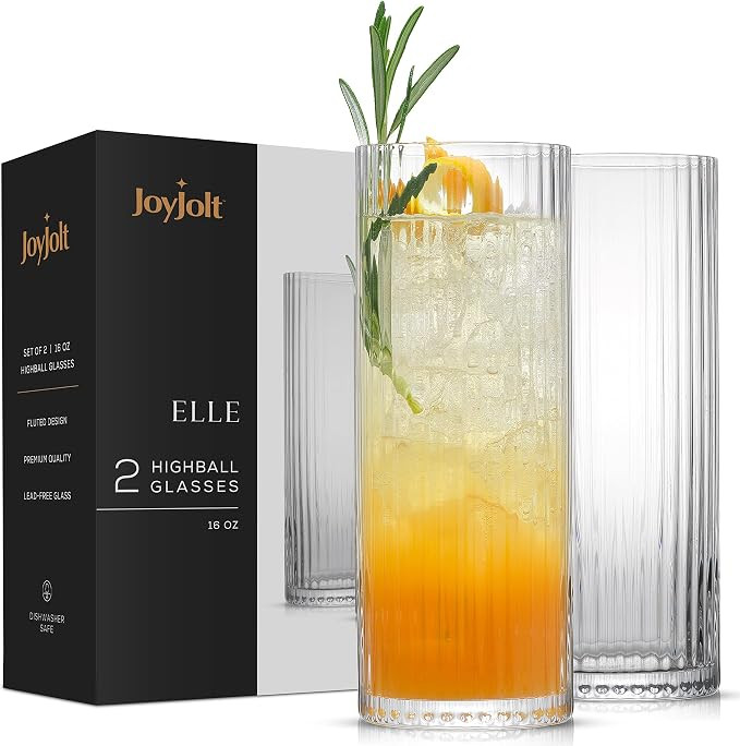 JoyJolt Elle 16oz Fluted Highball Glasses Set of 2, Ribbed Tall Cocktail Tumblers for Gin Juice W... | Amazon (US)