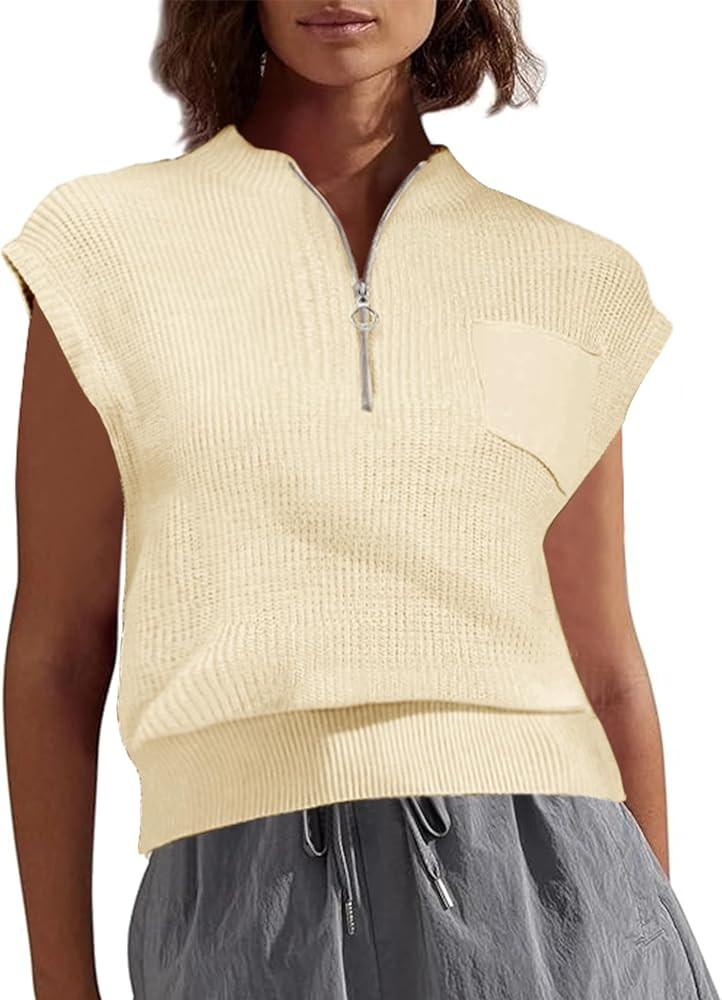 Women Sleeveless Knit Zip Sweater Vest Loose Fit Mock Neck Casual Tank Top with Front Pocket | Amazon (US)