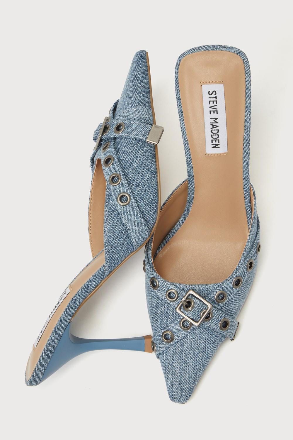 Bradi Blue Denim Buckle Pointed-Toe Mule Pumps | Lulus (US)