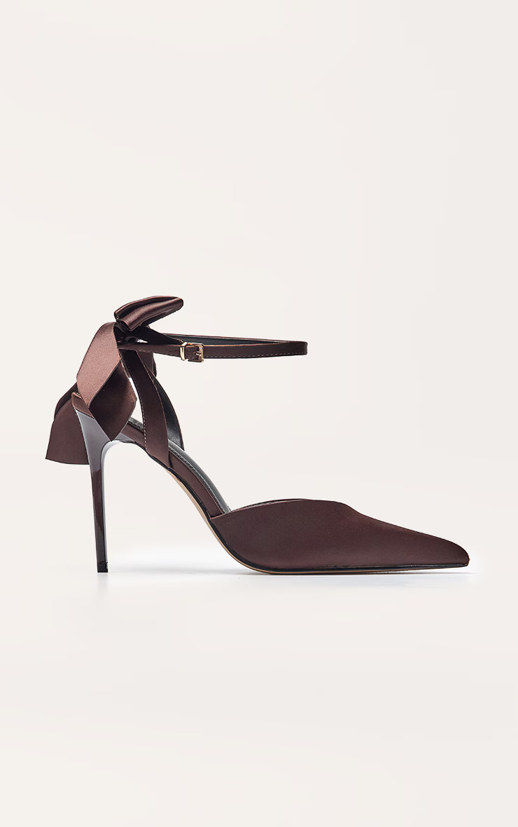 Chocolate Satin Bow Detail Heeled Sandal | PrettyLittleThing UK
