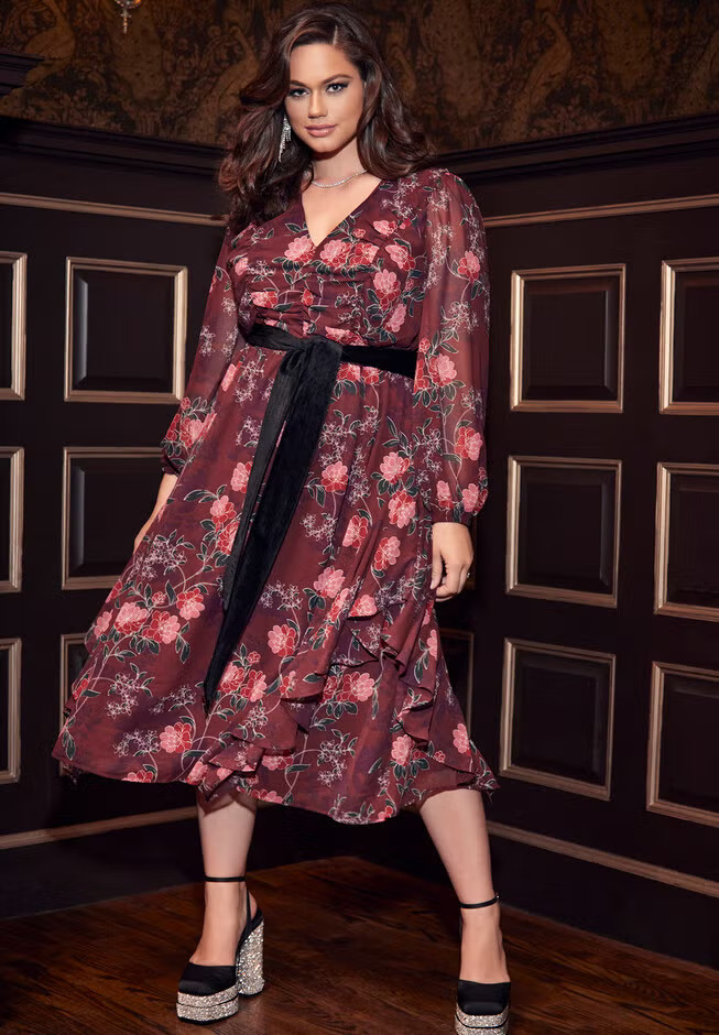 ELOQUII Elements Chiffon Midi Dress With Velvet Belt | Eloquii