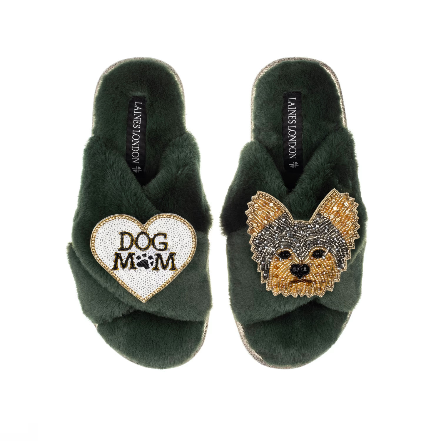 Classic Laines Slippers With Minnie Yorkie & Dog Mum / Mom Brooches - Limited Edition Green | Wolf & Badger