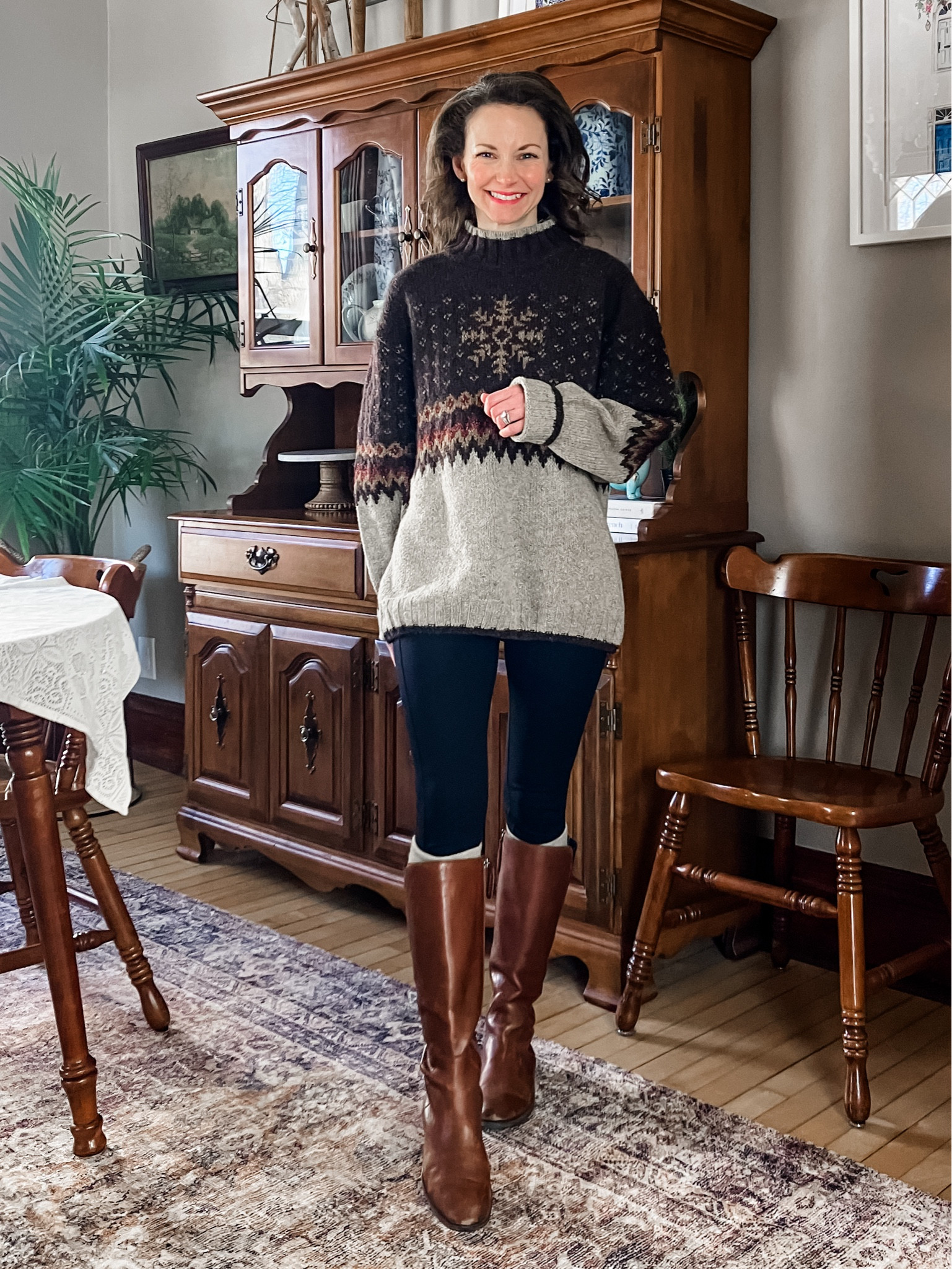 Cozy winter outfit!
Sweater is vintage. 
Wearing size XSP Loft leggings. 
Boots are old, linked similar. 
Petite outfit. Classic outfit. English country style. Grandmillenial. Preppy outfit  

#LTKStyleTip #LTKSeasonal #LTKOver40