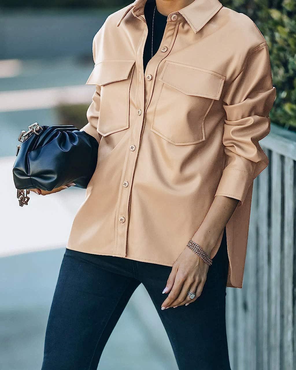 FERNGIRL Womens Button Front Faux PU Leather Jacket Shacket Casual Shirt Long Sleeve Blazer Coat ... | Amazon (US)