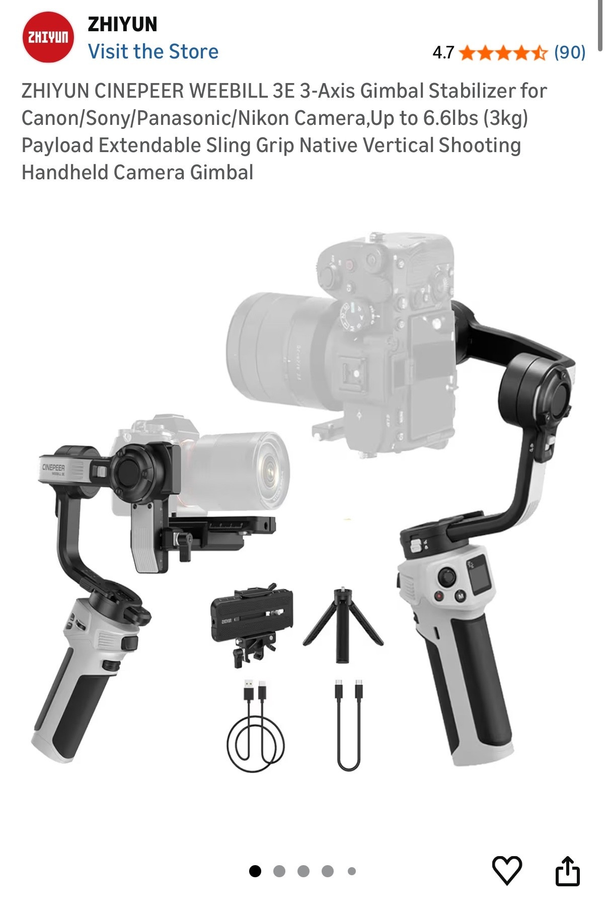 ZHIYUN CINEPEER WEEBILL 3E 3-Axis Gimbal Stabilizer for Canon/Sony/Panasonic/Nikon Camera,Up to 6.6lbs (3kg) Payload Extendable Sling Grip Native Vertical Shooting Handheld Camera Gimbal