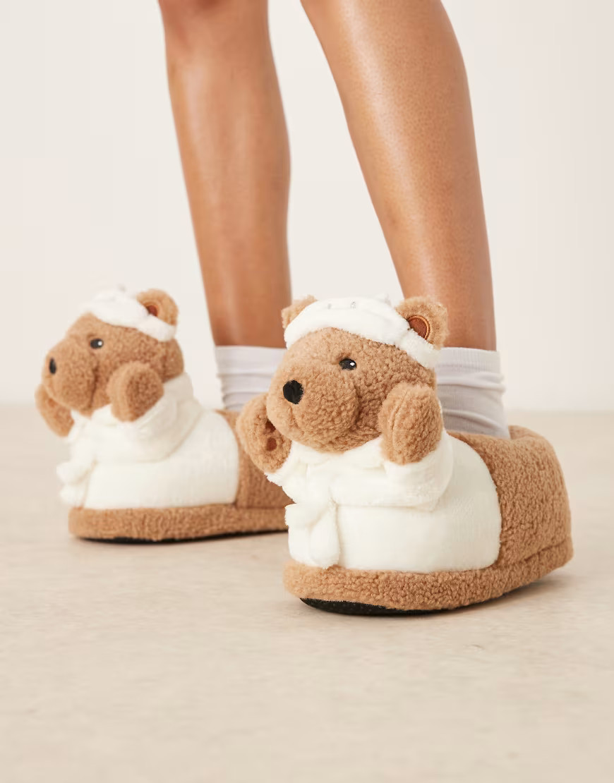 ASOS DESIGN Zemi teddy bear robe slipper in tan borg-Brown | ASOS (Global)