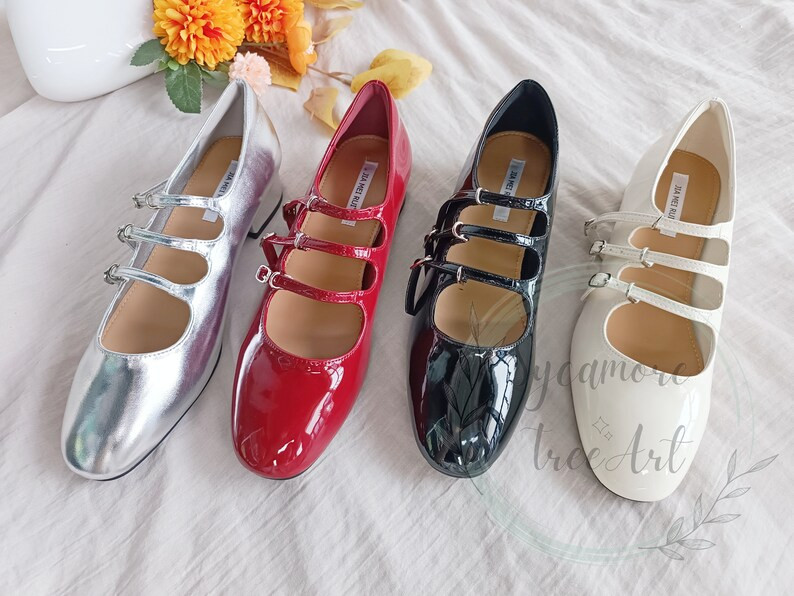 Three Straps Mary Jane, Thick Heel Mary Janes, Vintage Red Black Silver Mary Jane, Round Toe Mary... | Etsy (US)