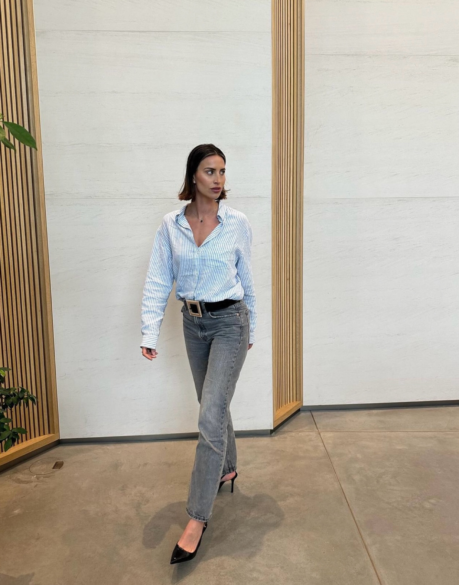 Smart casual outfit, blue striped shirt, H&M, acid wash grey jeans, chunky belt, gold accessories, black court heels 

#LTKeurope #LTKuk #LTKstyletip