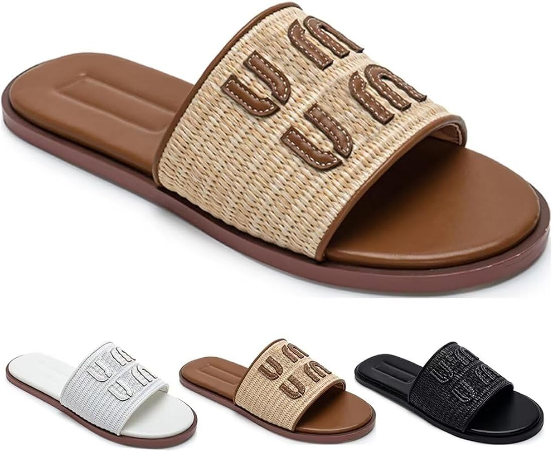 Women's Woven Slide Sandals, Raffia Flat Casual Slip-On, Summer Open Toe sandals | Amazon (US)