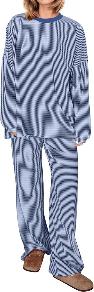 MISSACTIVER Women's 2 Piece Striped Lounge Set Long Sleeve Oversized T-Shirt Wide Leg Pants Match... | Amazon (US)