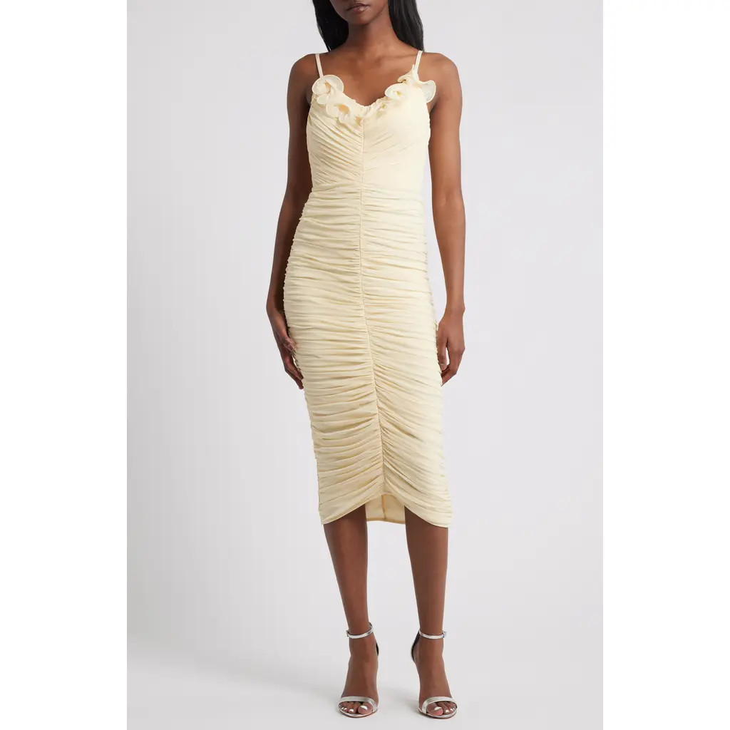 Lipsy Ruffle Ruched Midi Dress in Yellow at Nordstrom, Size 2 Us | Nordstrom