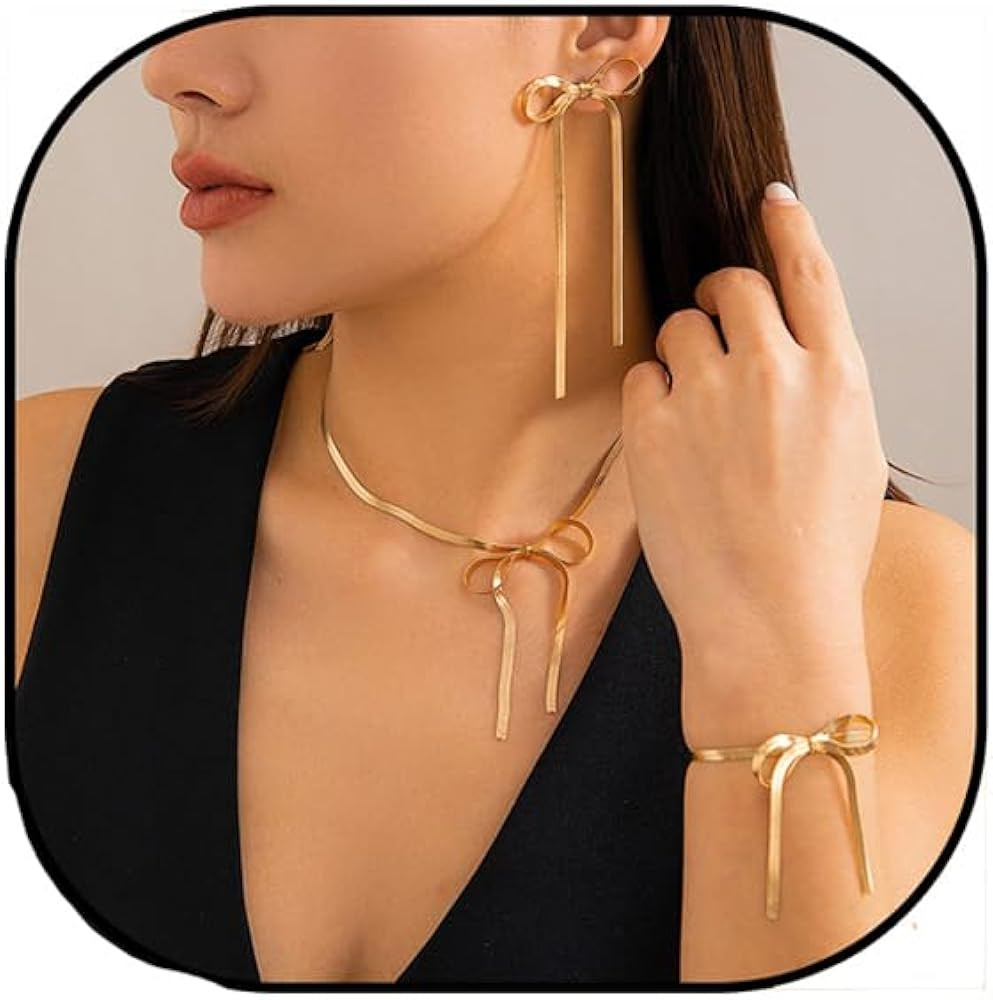 Long Gold Bow Choker Necklace Bracelet Earrings Set for Women Long Chain Bow Dangle Tassel Dangle... | Amazon (US)