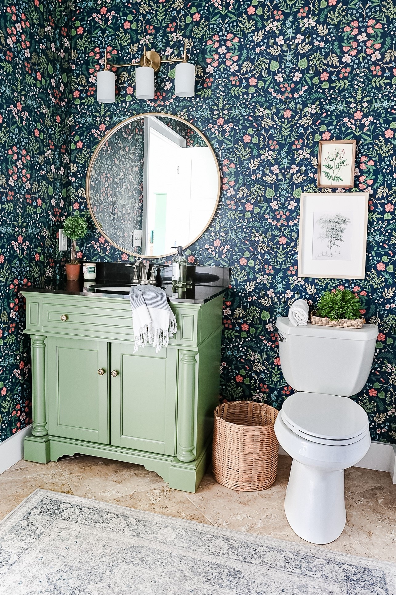 Bathroom refresh with fresh painted cabinet, fun wallpaper and new hardware and light. Girls bathroom 

#LTKHome #LTKSeasonal
