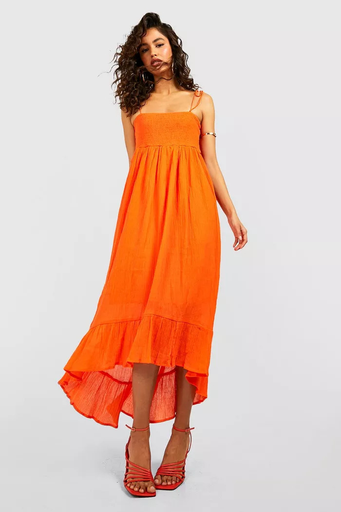 Cheesecloth Shirred Ruffle Midi Dress | Boohoo.com (US & CA)
