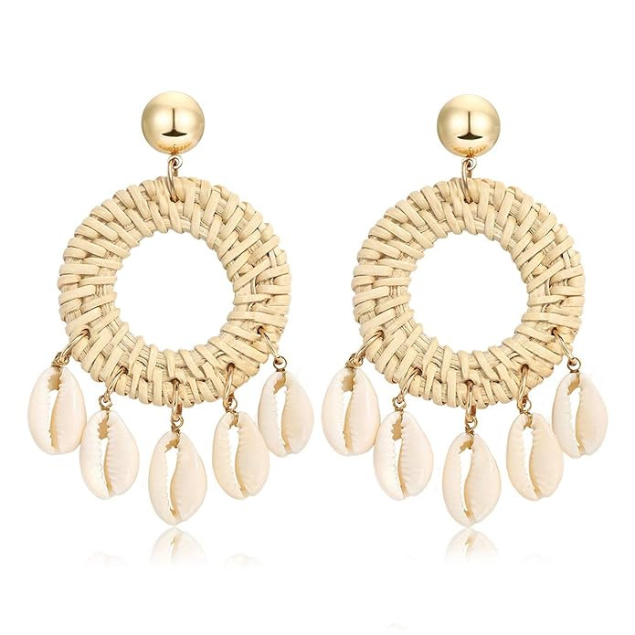 Rattan Shell Earrings Handmade Straw Wicker Braid Woven Drop Earrings Boho Cowrie Shell Chandelie... | Amazon (US)