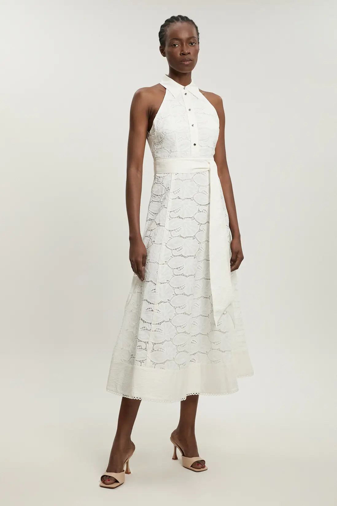 Cutwork Cotton Halterneck Tie Detail Woven Midi Dress | Karen Millen