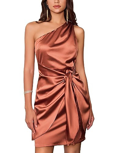 Formal Dresses for Women 2024 One Shoulder Silk Dress Mini Sleeveless Satin Dress Brown | Amazon (US)