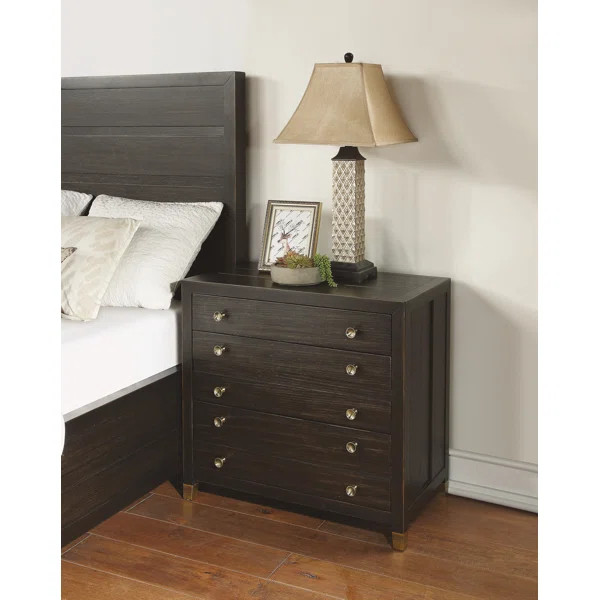 Lendora 30'' Tall 5 - Drawer Solid Wood Nightstand in Dark Brown Oak | Wayfair North America