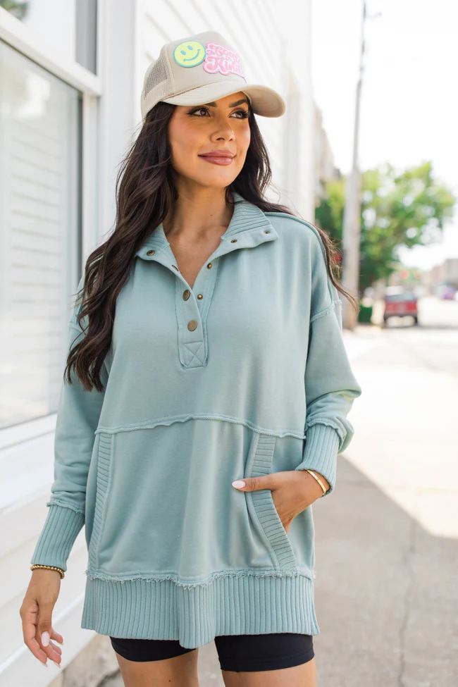 Just Go With It Olive Oversized Henley Pullover | Pink Lily