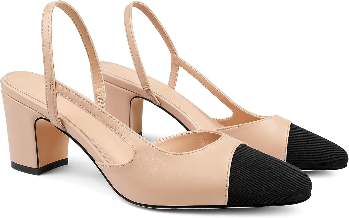 Cociy Slingback Heels for Women Chunky Pumps Splicing Round Toe Pumps for Women Office Shoes | Amazon (US)
